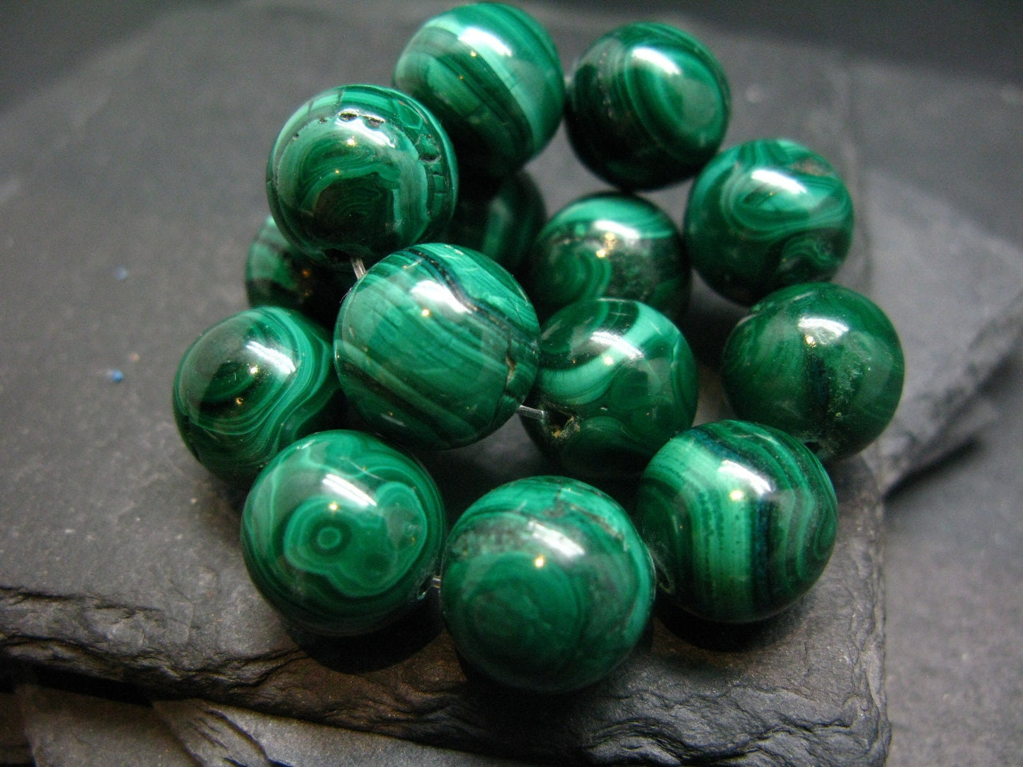 Malachite Genuine Bracelet ~ 7 Inches ~ 14mm Round Beads