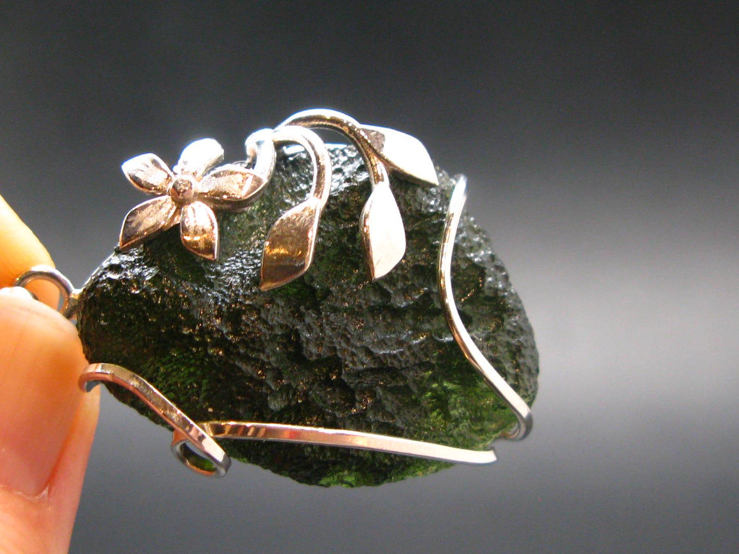 Gem Moldavite Tektite SS Pendant From Czech Republic - 1.8" - 13.1 Grams