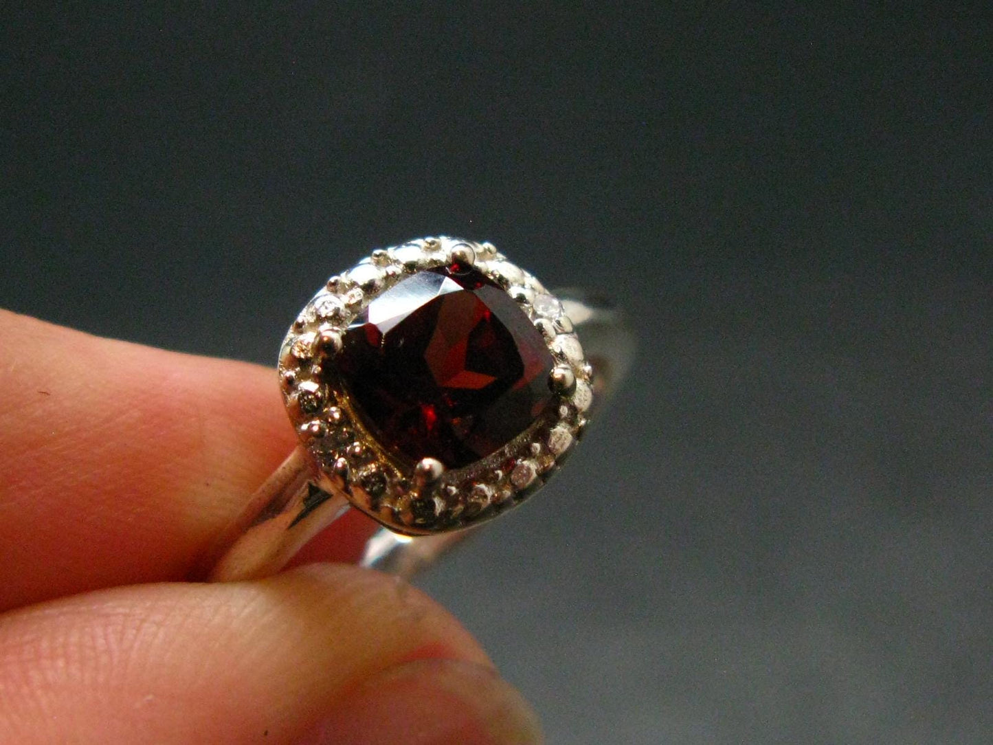 Red Garnet Rhodium Plated Sterling Silver Ring with CZ - Size 7 - 2.49 Grams