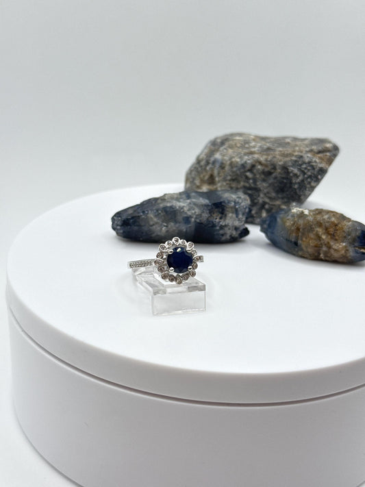 Blue Sapphire Halo Ring: Sterling Silver September Birthstone - Size 7