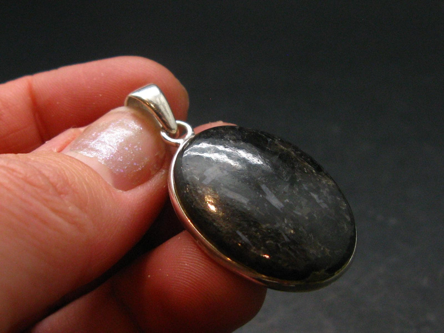 Very Rare Sterling Silver Nuumite Nuummite Pendant From Greenland - 1.4" - 9.3 Grams