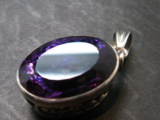 Large Genuine Rich Purple Faceted Amethyst Sterling Silver Pendant From Brazil - 1.7" - 11.83 Grams