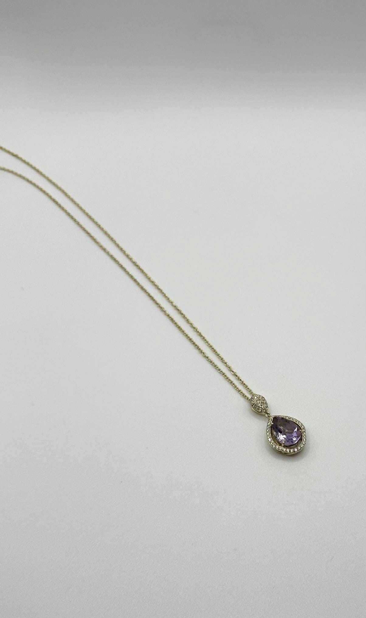 Natural Amethyst Pendant Necklace – 14k Gold Plated Sterling Silver Chain – Crystal Jewelry - 7.26 Grams