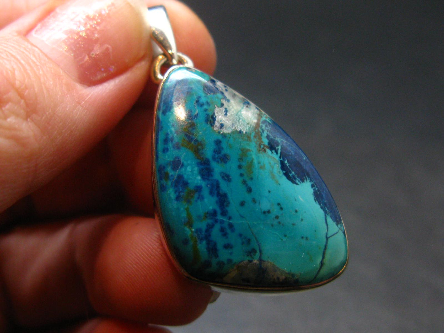Quantum Quattro Shattuckite Malachite Dioptase Chrysocola Silver Pendant from Namibia - 1.5" - 7.38 Grams