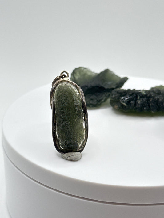 Raw Moldavite Sterling Silver Pendant – Elongated Design - 7.00 Grams
