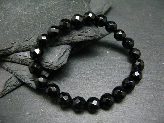Black Tourmaline Genuine Bracelet ~ 7 Inches ~ 8mm Round Facetted Beads