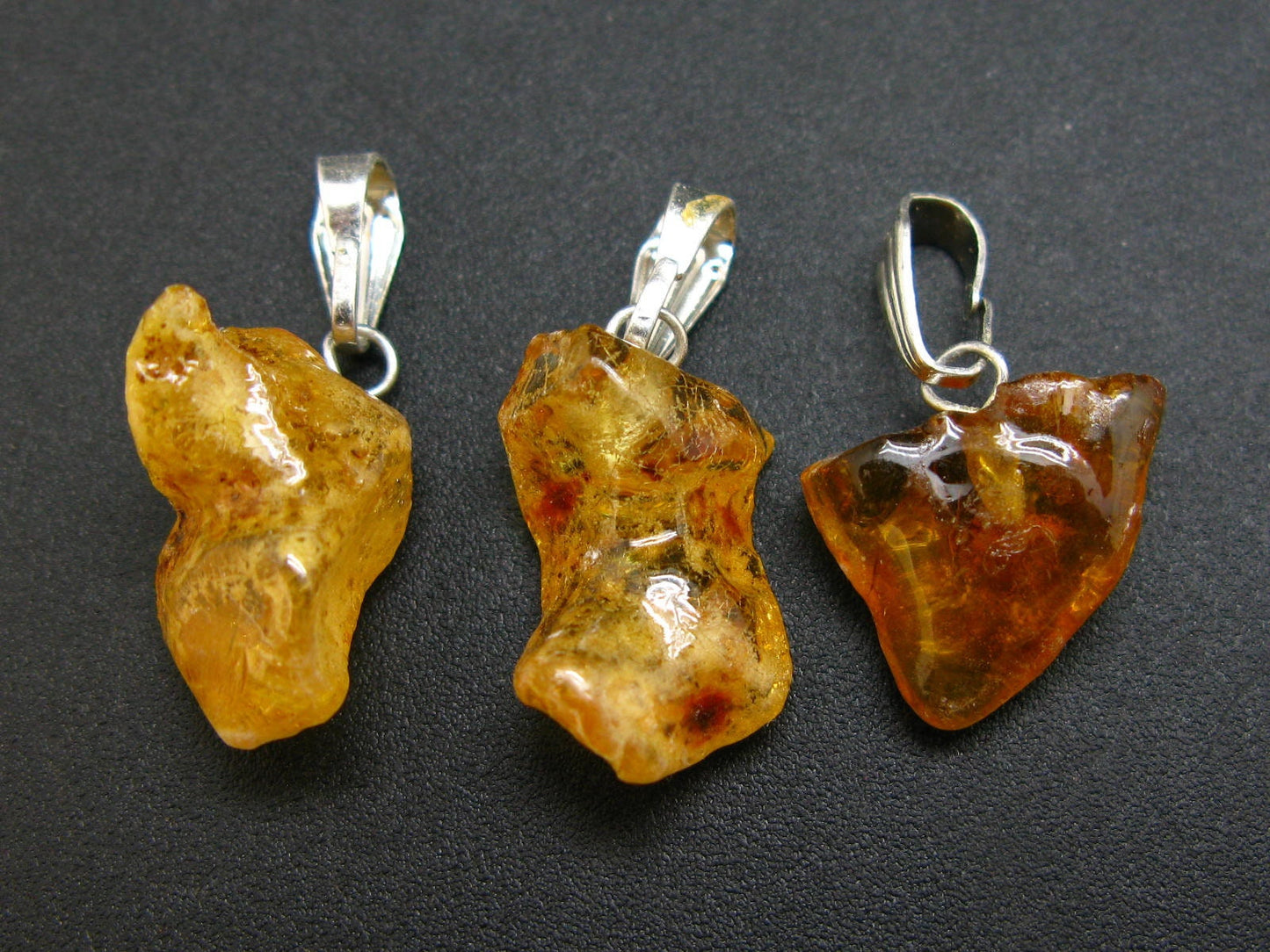 Set of Three Natural Honey Color Baltic Silver Pendants from Poland