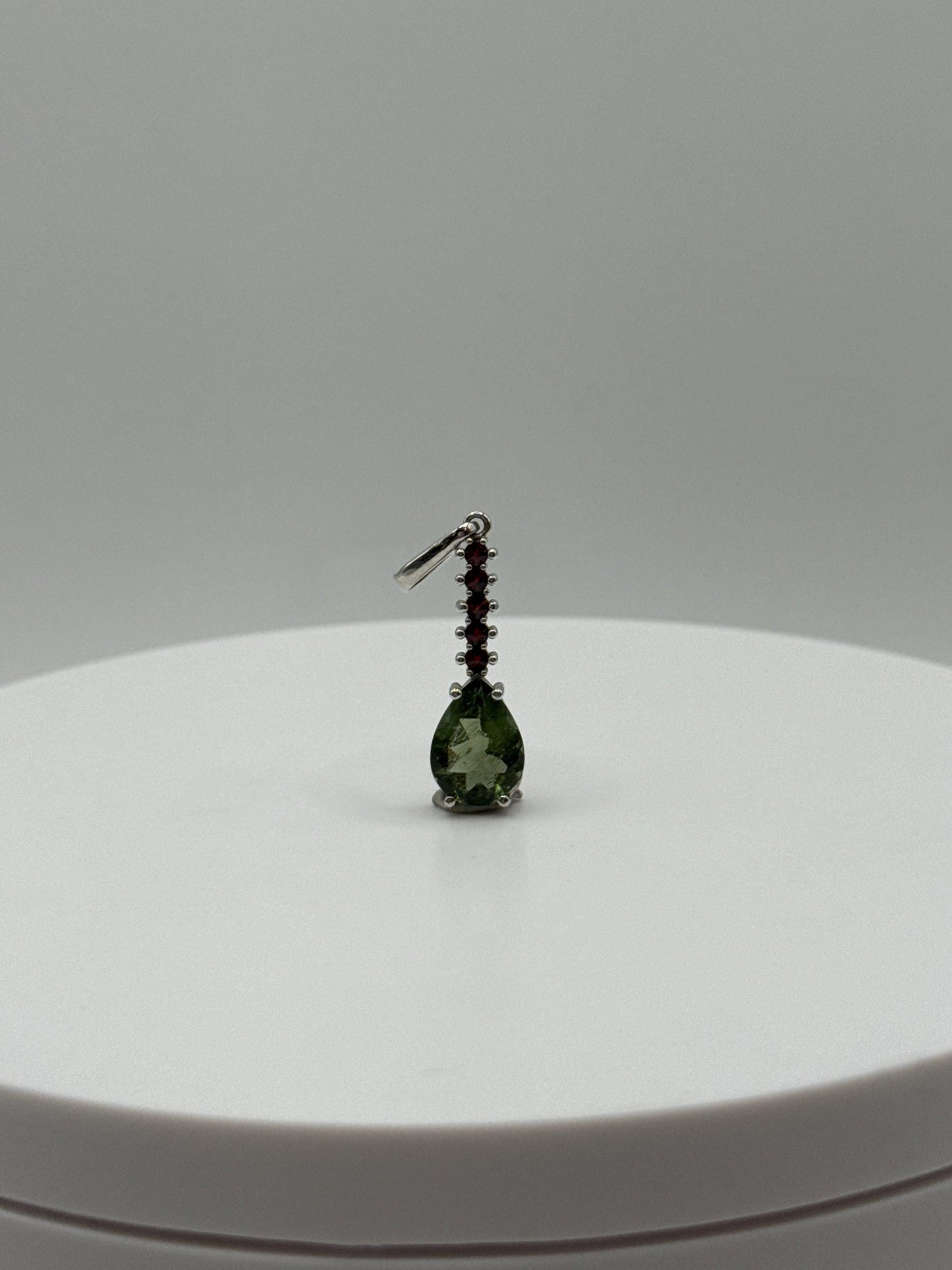 Moldavite Pear-Shaped Pendant with & Red Garnet Accents in Sterling Silver - 1.68 Grams