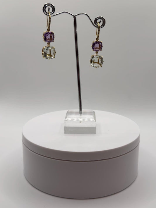 Amethyst & Green Amethyst/ Prasiolite Earrings – Double Gem Drop in Gold Plated Design - Weight 8.79 Grams