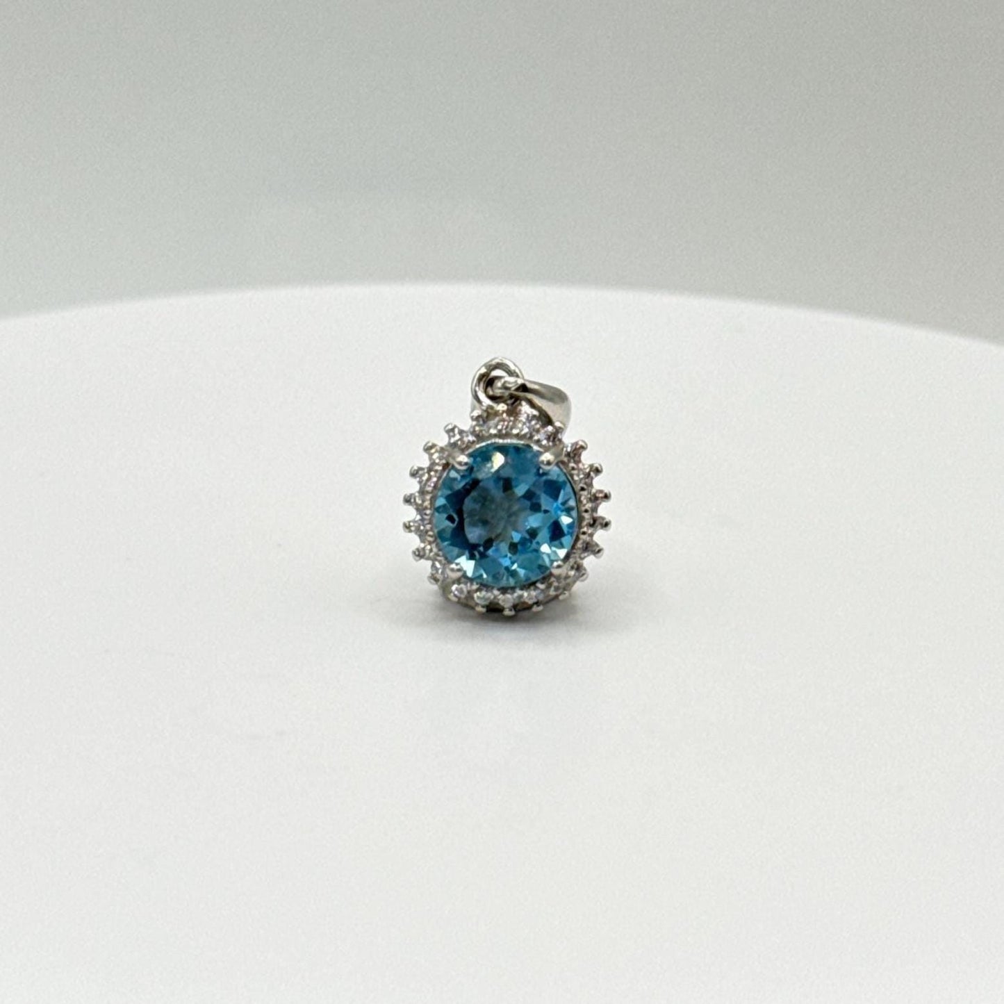 Elegant Round Blue Topaz Pendant with Halo Setting - Sterling Silver Necklace - 2.41 Grams