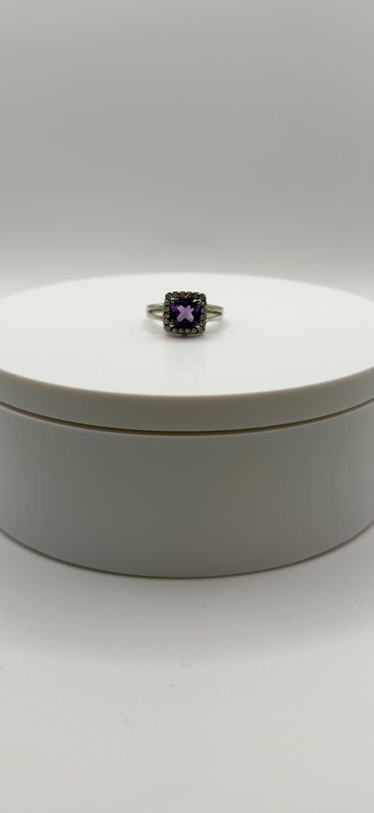 Cushion-Cut Amethyst Ring – Halo Design – Sparkling Silver Statement Jewelry - Size 9