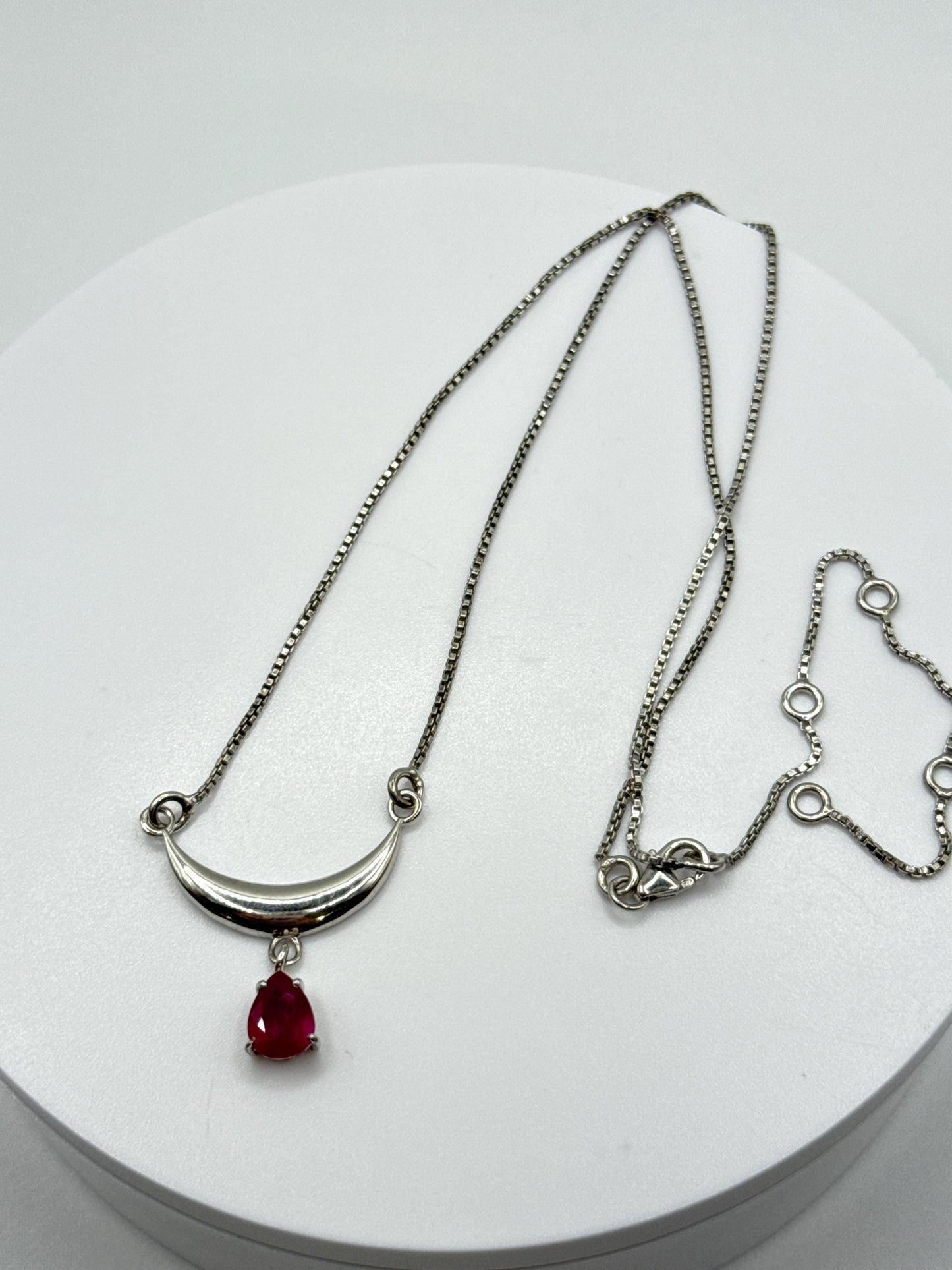 Ruby Crescent Moon Necklace | Sterling Silver | 11" Short Necklace | July Birthstone Jewelry
