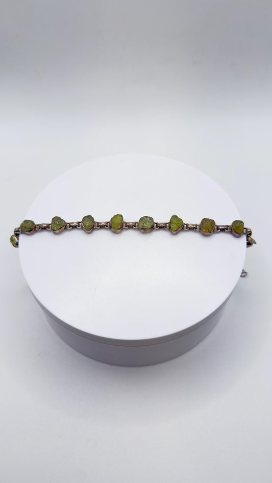 Chrysoberyl Raw Stone Bracelet Green Gemstone Silver Link Bracelet Natural Crystal Jewelry Gift