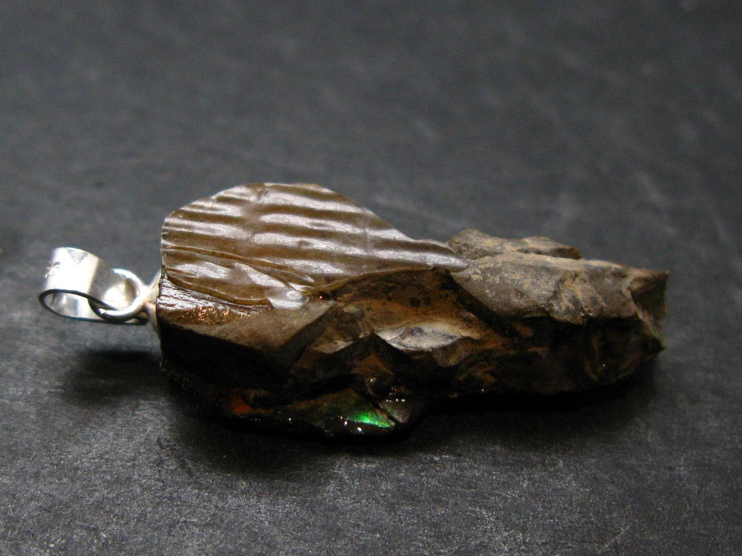 Ammolite Amolite Silver Pendant From Alberta Canada - 1.3" - 2.90 Grams