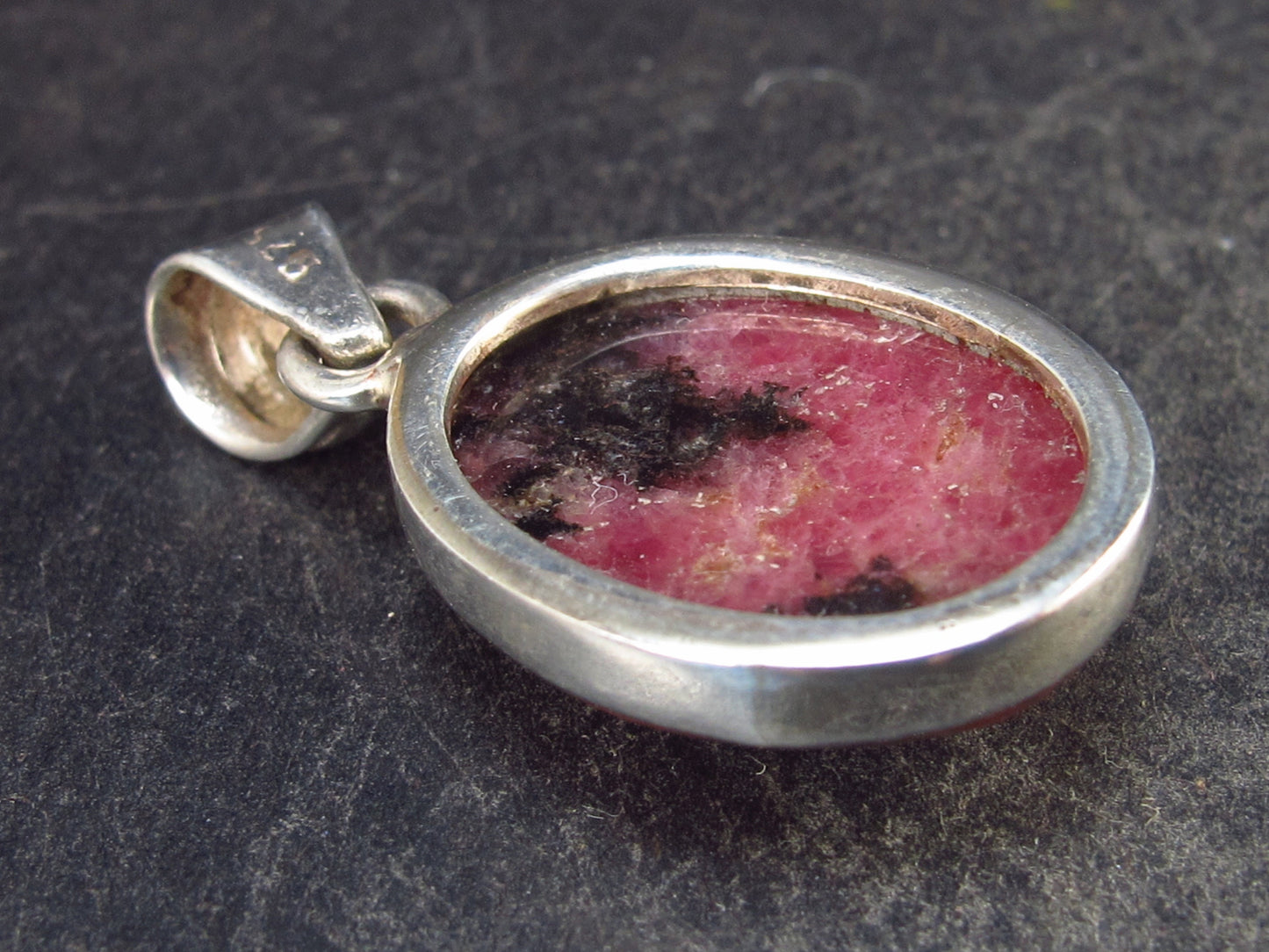 Rare Rhodonite Cabochon Silver Pendant From Brazil - 1.2" - 5.2 Grams