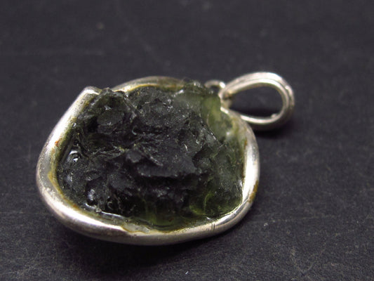 Shape!! Natural Gem Moldavite Tektite SS Pendant From Czech Republic - 4.9 Grams - 1.3"