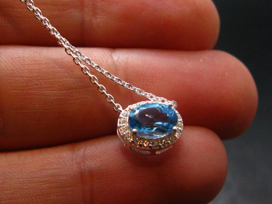 Elegant Genuine Solitaire Sky Blue Topaz Sterling Silver Pendant with CZ From Brazil With Chain - 17" - 2.12 Grams