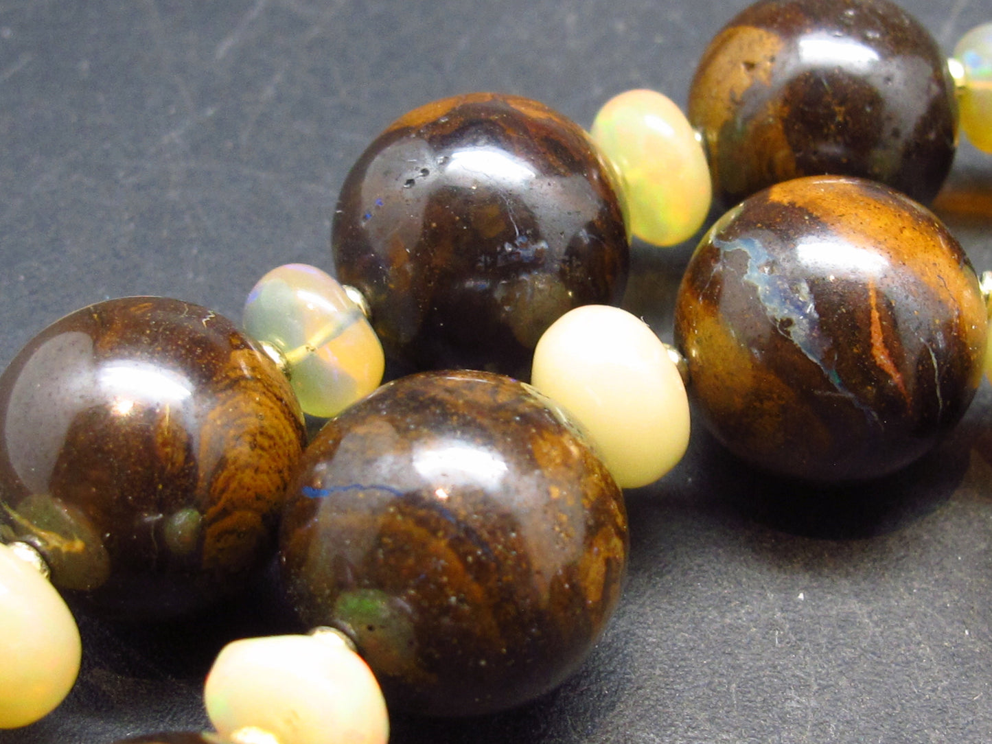 Rare Boulder Opal & Precious Opal Beads Necklace From Australia - 18"