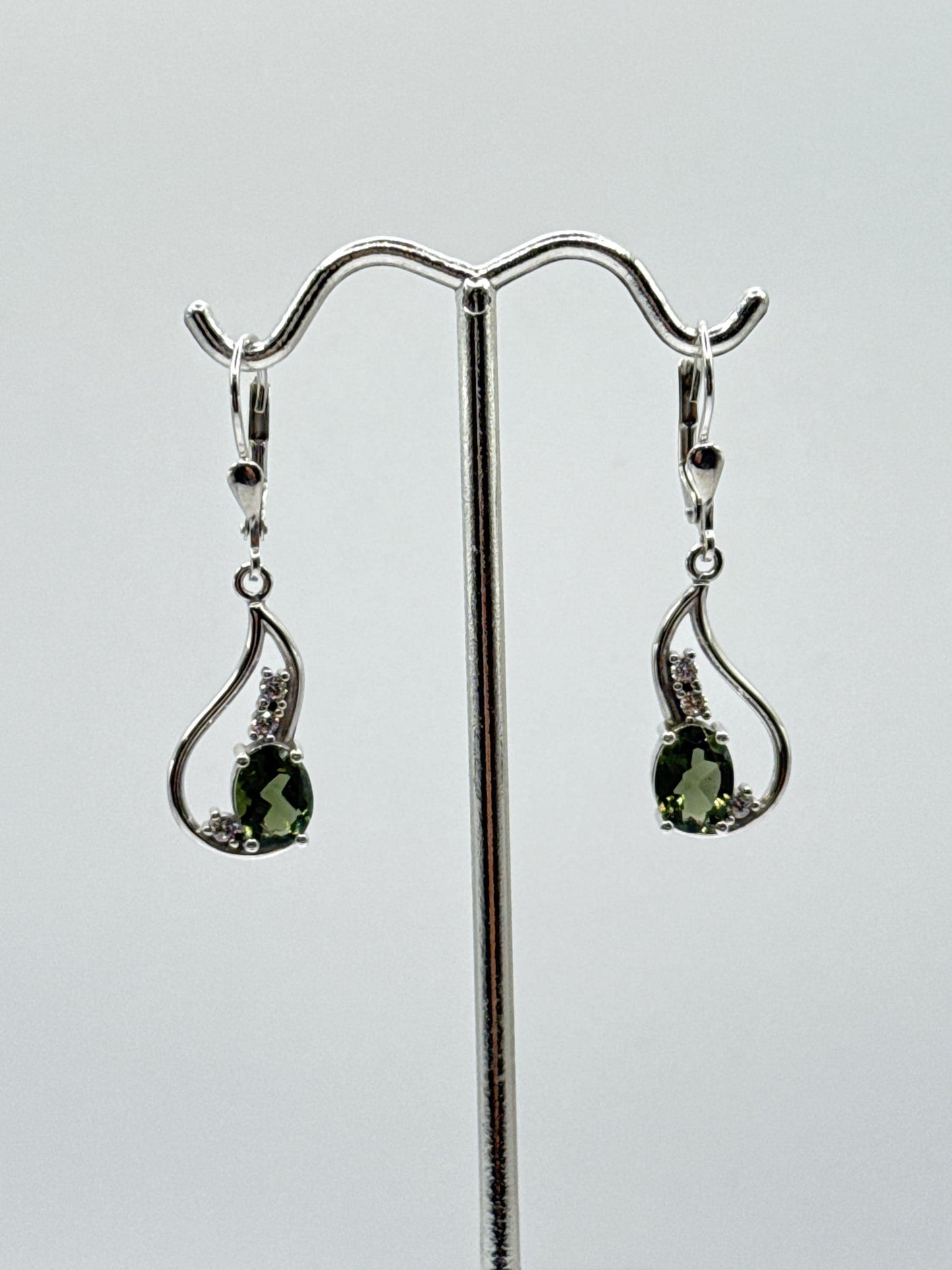 Sterling Silver Moldavite Drop Earrings – Handcrafted Green Gemstone Dangles in Sterling Silver - Weight 4.20 Grams