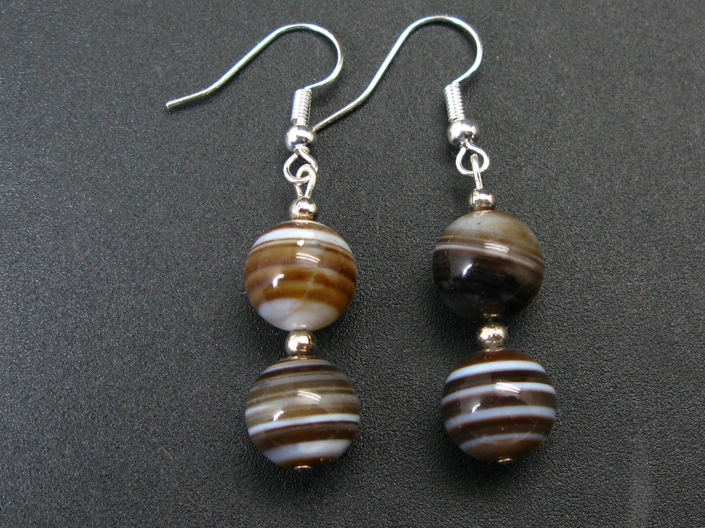Natural Horizontal Banding Brown Agate Round Beads Dangle Shepherd Hook Earrings