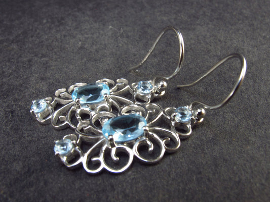 Faceted Natural Sky Blue Topaz Dangle 925 Silver Earrings from Brazil - 1.4" - 3.44 Grams
