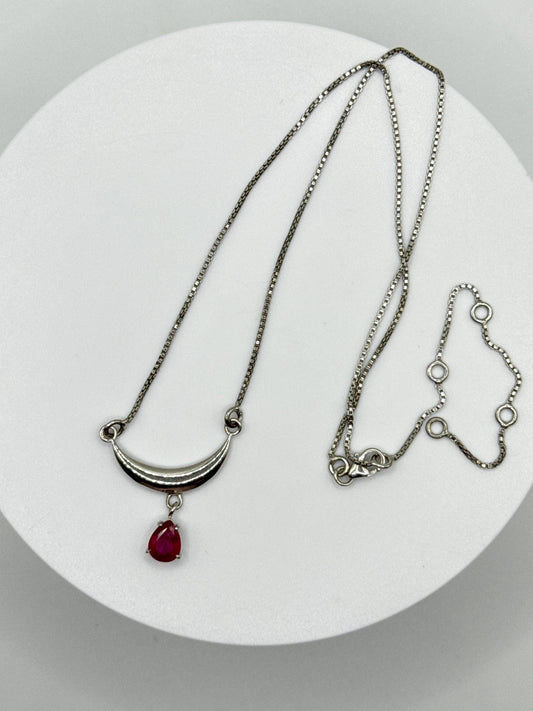 Ruby Crescent Moon Necklace | Sterling Silver | 11" Short Necklace | July Birthstone Jewelry