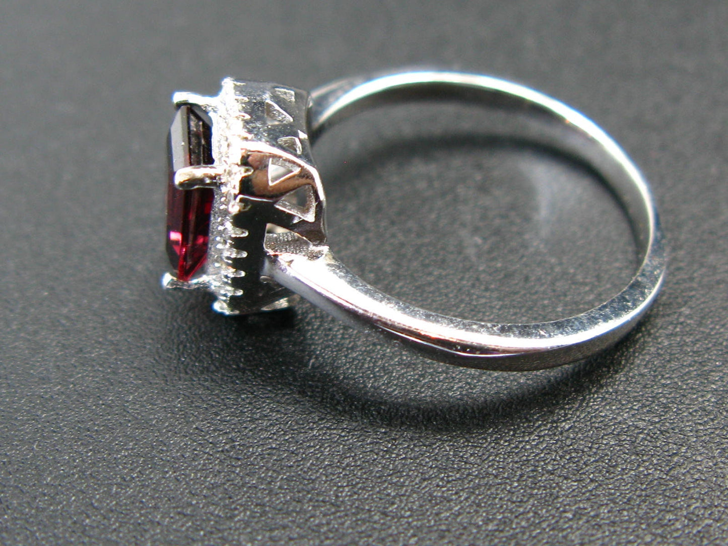 Natural Rectangular Faceted Red Garnet Rhodium Plated Sterling Silver Ring with CZ - Size 6