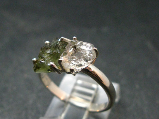 Moldavite Tektite and Herkimer Diamond Silver Ring - Size 8 - 2.73 Grams