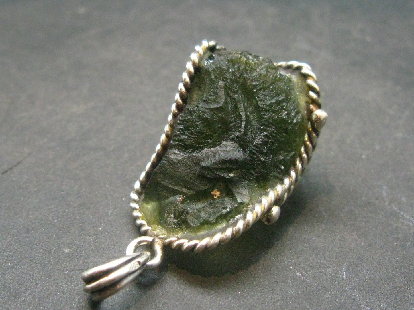 Moldavite Tektite Silver Pendant from Czech Republic - 1.4" - 6.37 Grams