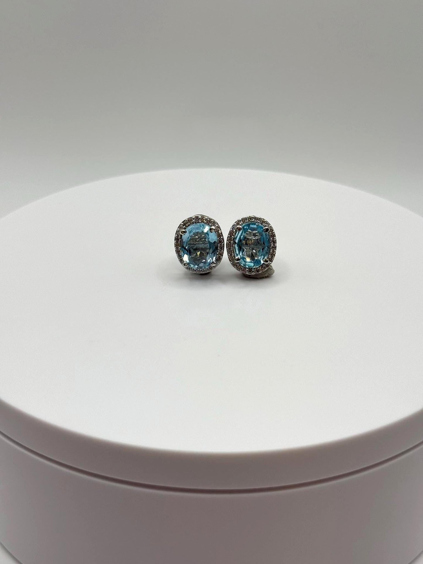 Swiss Blue Topaz Oval Stud Earrings with Pave Halo - Weight 4.49 Grams