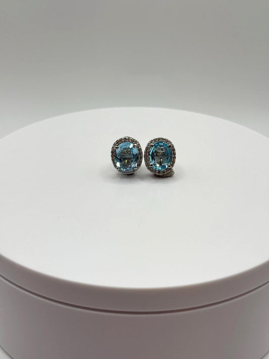 Swiss Blue Topaz Oval Stud Earrings with Pave Halo - Weight 4.49 Grams