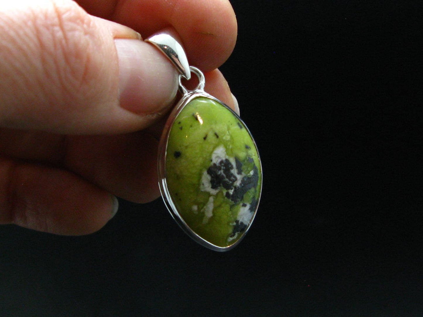 Unique Lizardite Serpentine Silver Plated Pendant from Norway - 1.4" - 5.11 Grams