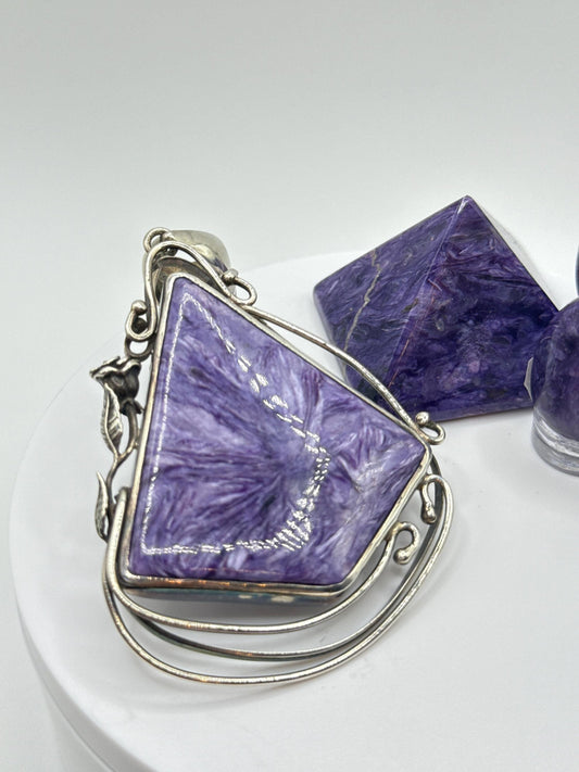 Charoite Sterling Silver Pendant – Geometric Design - 34.43 Grams