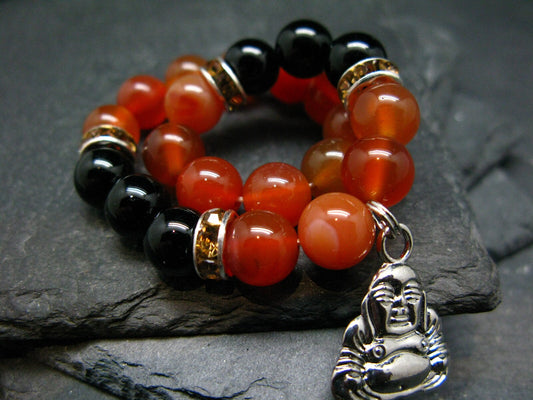 Carnelian & Black Onyx Genuine Bracelet ~ 7 Inches ~ 8mm Round Beads