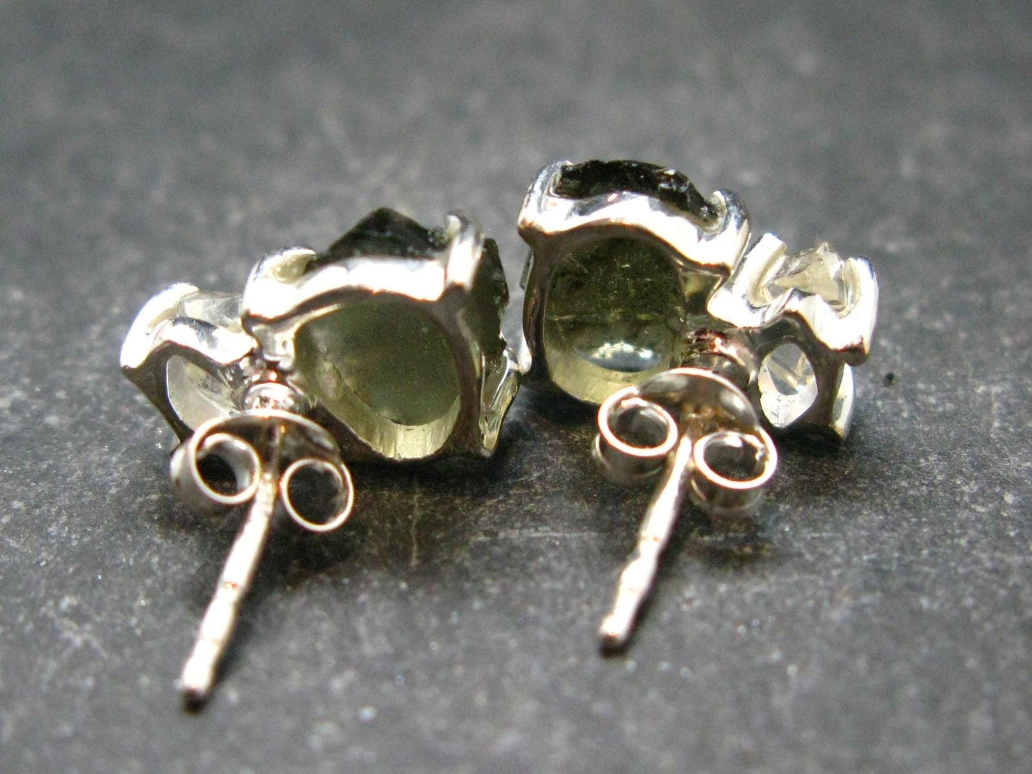 Moldavite & Herkimer Diamond Silver Stud Earrings - 0.7" - 2.29 Grams