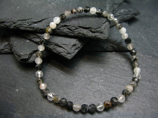 Tourmalinated Quartz w/ Black Tourmaline Genuine Bracelet ~ 7 Inches ~ 4mm Facetted Beads
