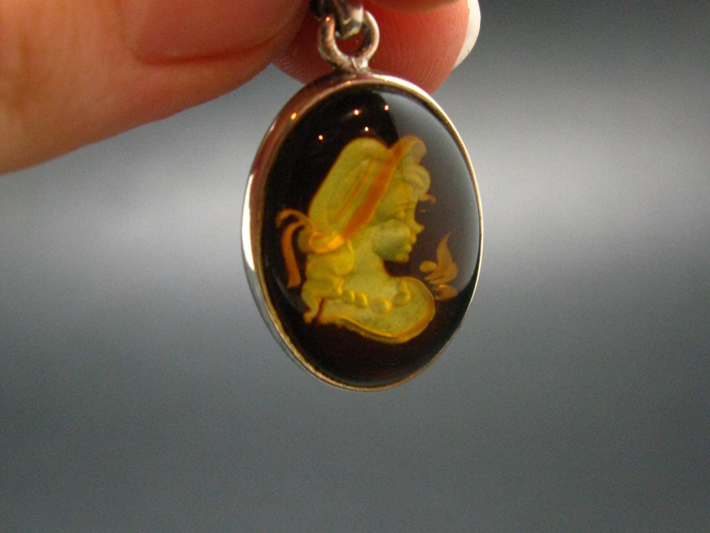 Hand Carved Baltic Amber 925 Silver Cameo Woman Lady Flower Pendant - 1.3"