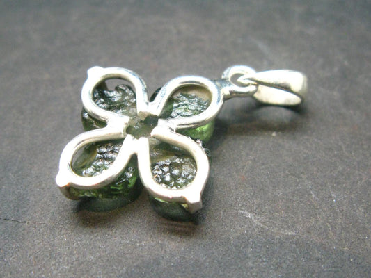 Gem Moldavite Tektite SS Pendant Four Leaf Clover From Czech Republic - 1.2" - 3.71 Grams