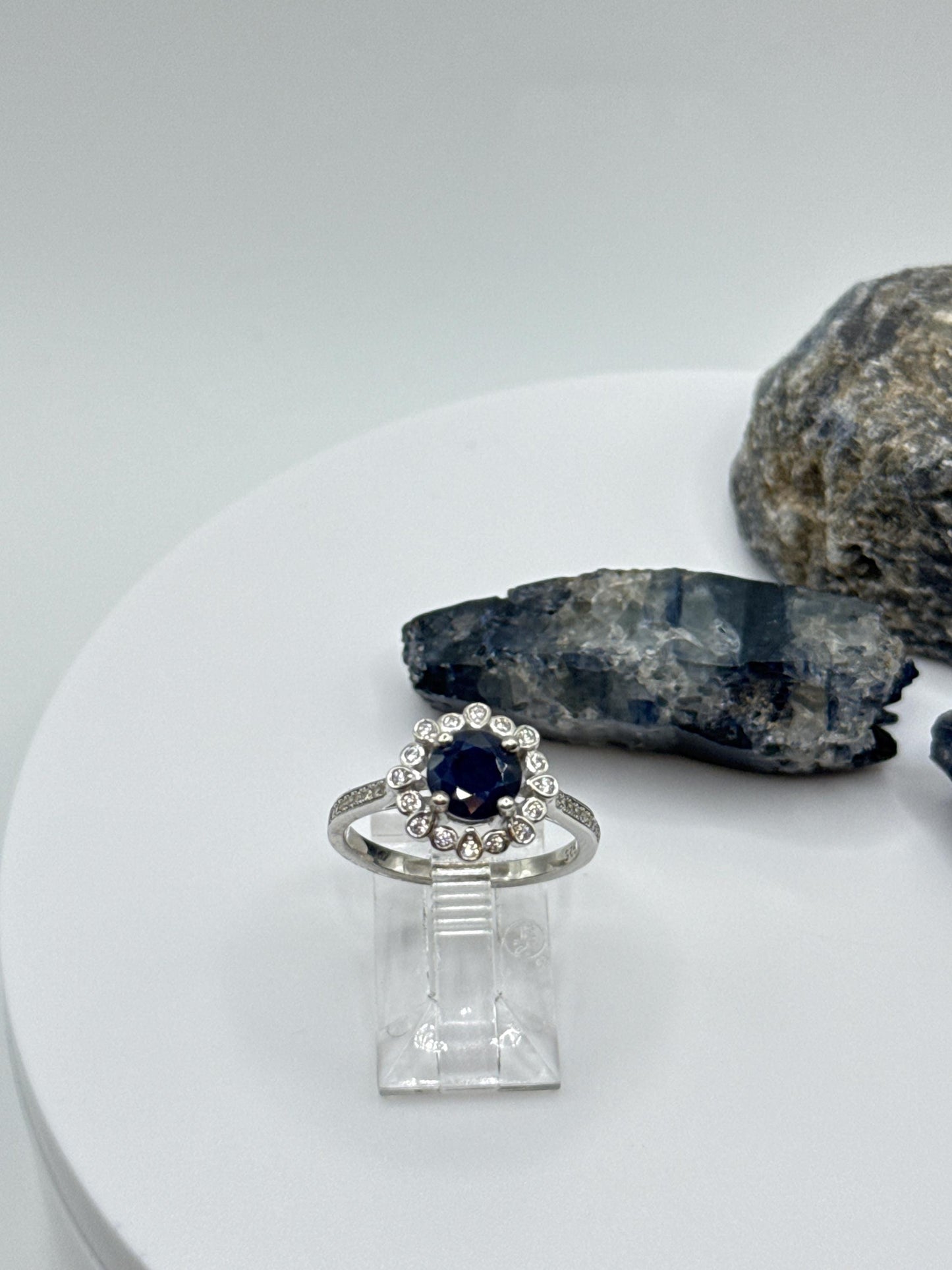 Blue Sapphire Halo Ring: Sterling Silver September Birthstone - Size 7