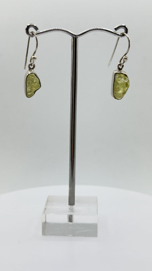 Chrysoberyl Raw Stone Earrings Green Yellow Gemstone Silver Dangle Earrings Minimalist Jewelry Gift