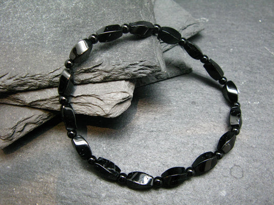 Black Tourmaline Genuine Bracelet ~ 7 Inches ~ Elongated & Round Beads
