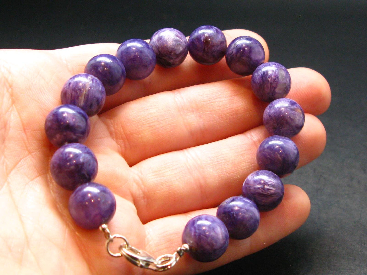 Charoite Genuine Bracelet - 25.84 Grams - 10mm Round Beads - 7 inches