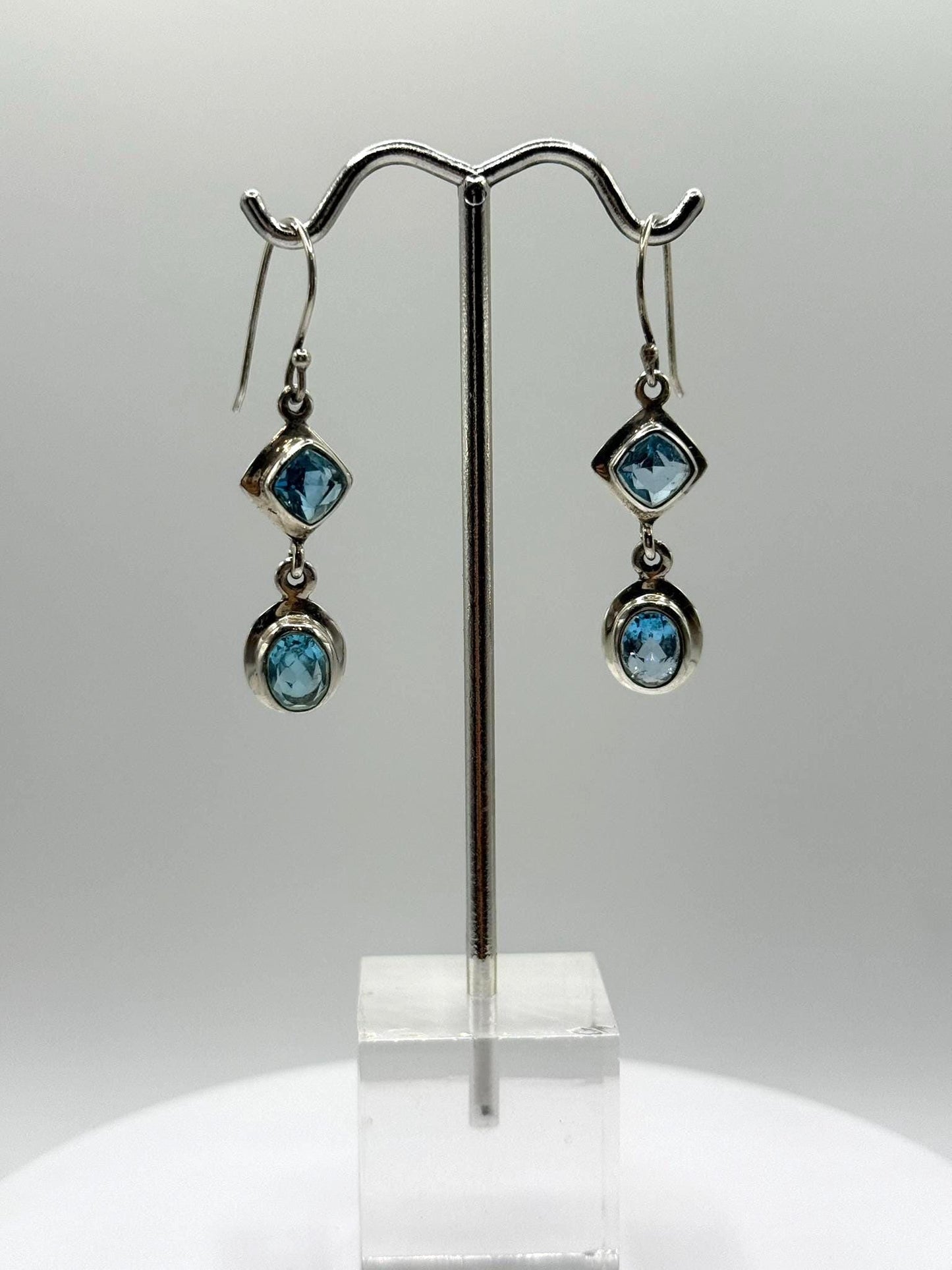 Swiss Blue Topaz Dangle Earrings with Dual Stone Design - Weight 6.68 Grams