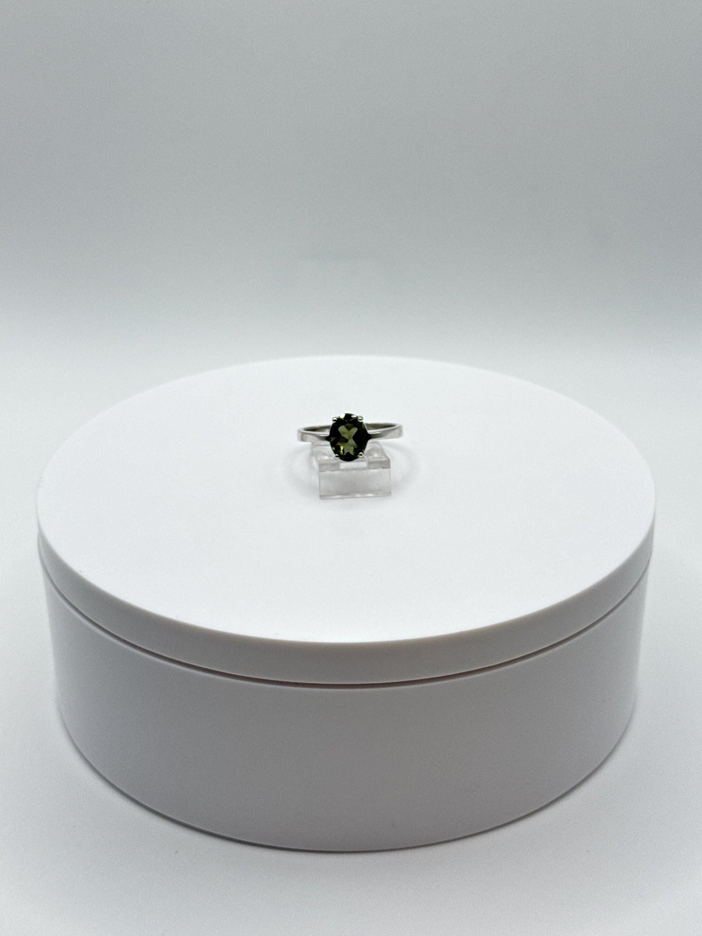 Moldavite Solitaire Ring – Silver Sparkle Band – Bold Oval Cut Statement - Size 8