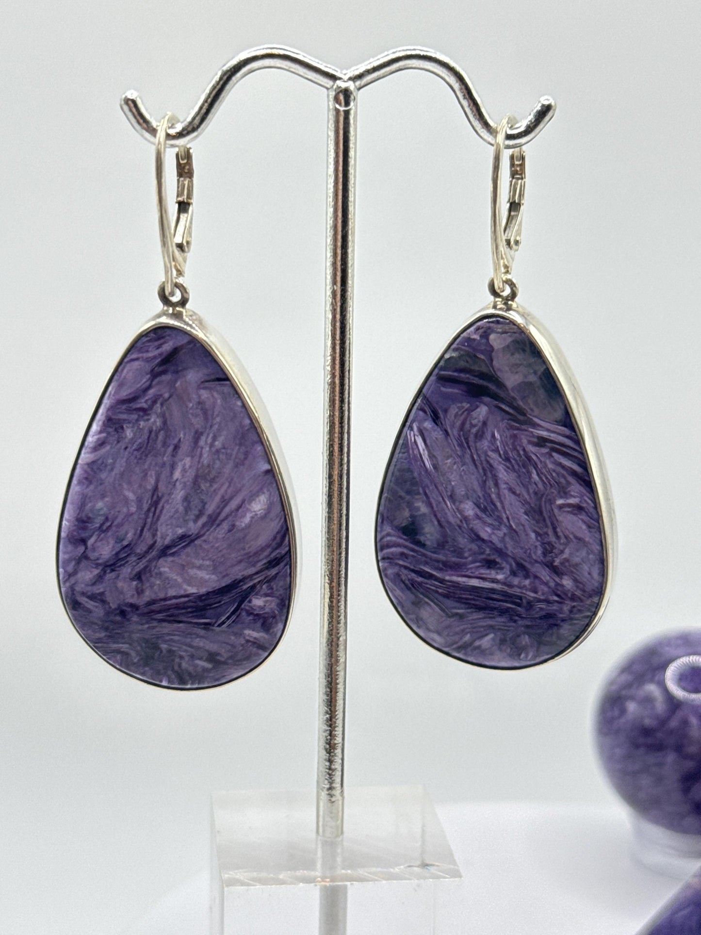 Charoite & Sterling Silver Teardrop Earrings - 24.03 Grams