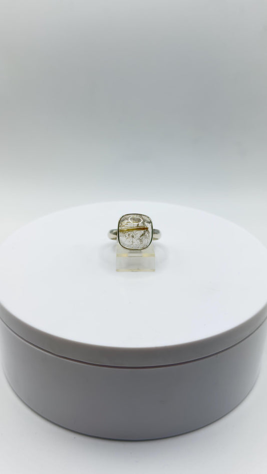 Golden Rutilated Quartz Ring – Cushion Cut Rutile Crystal Statement Ring - Size 11