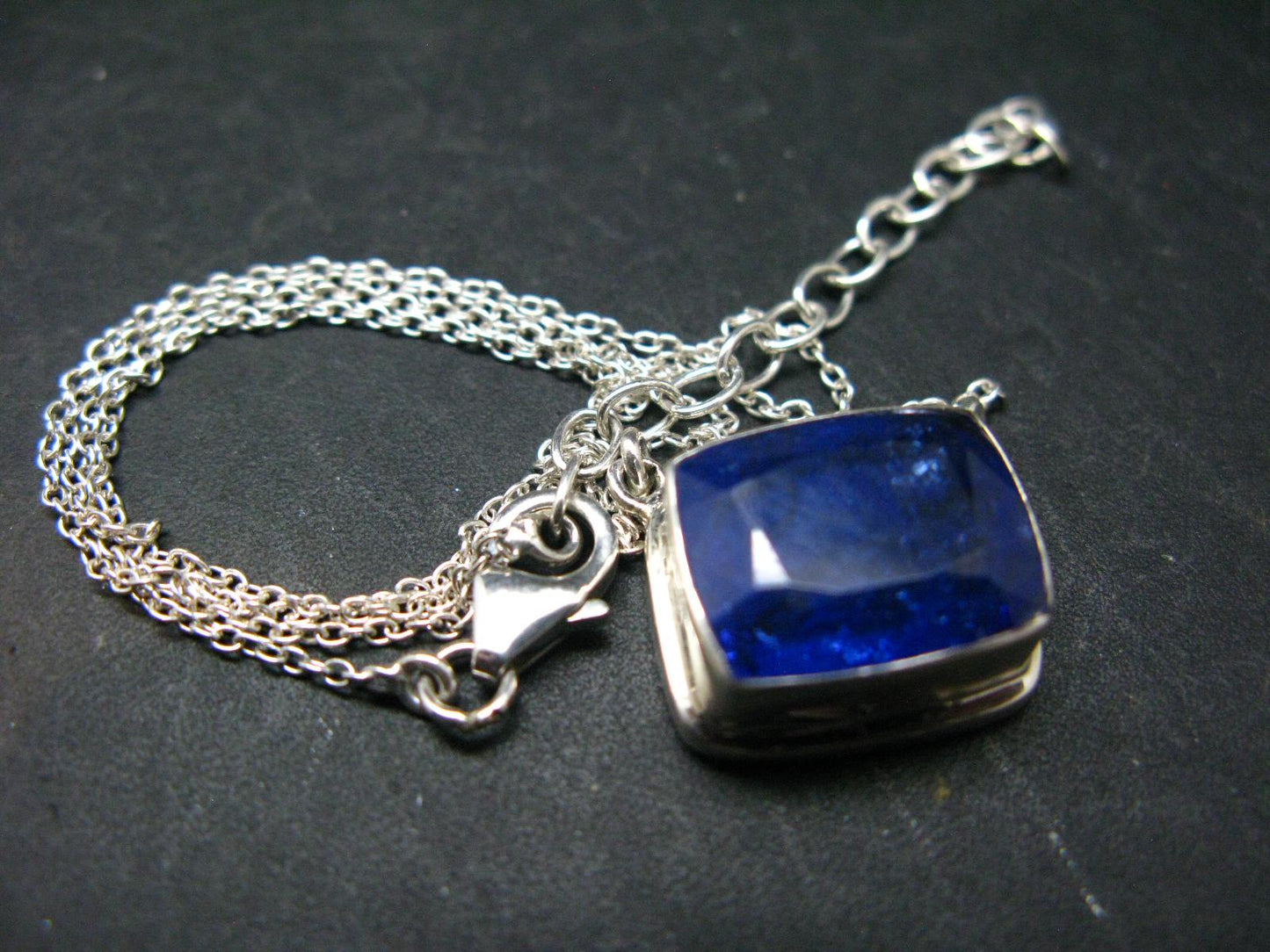 Large Natural Intense Color Faceted Tanzanite Zoisite Sterling Silver Pendant with Silver Chain from Tanzania - 0.4" - 8.16 Grams