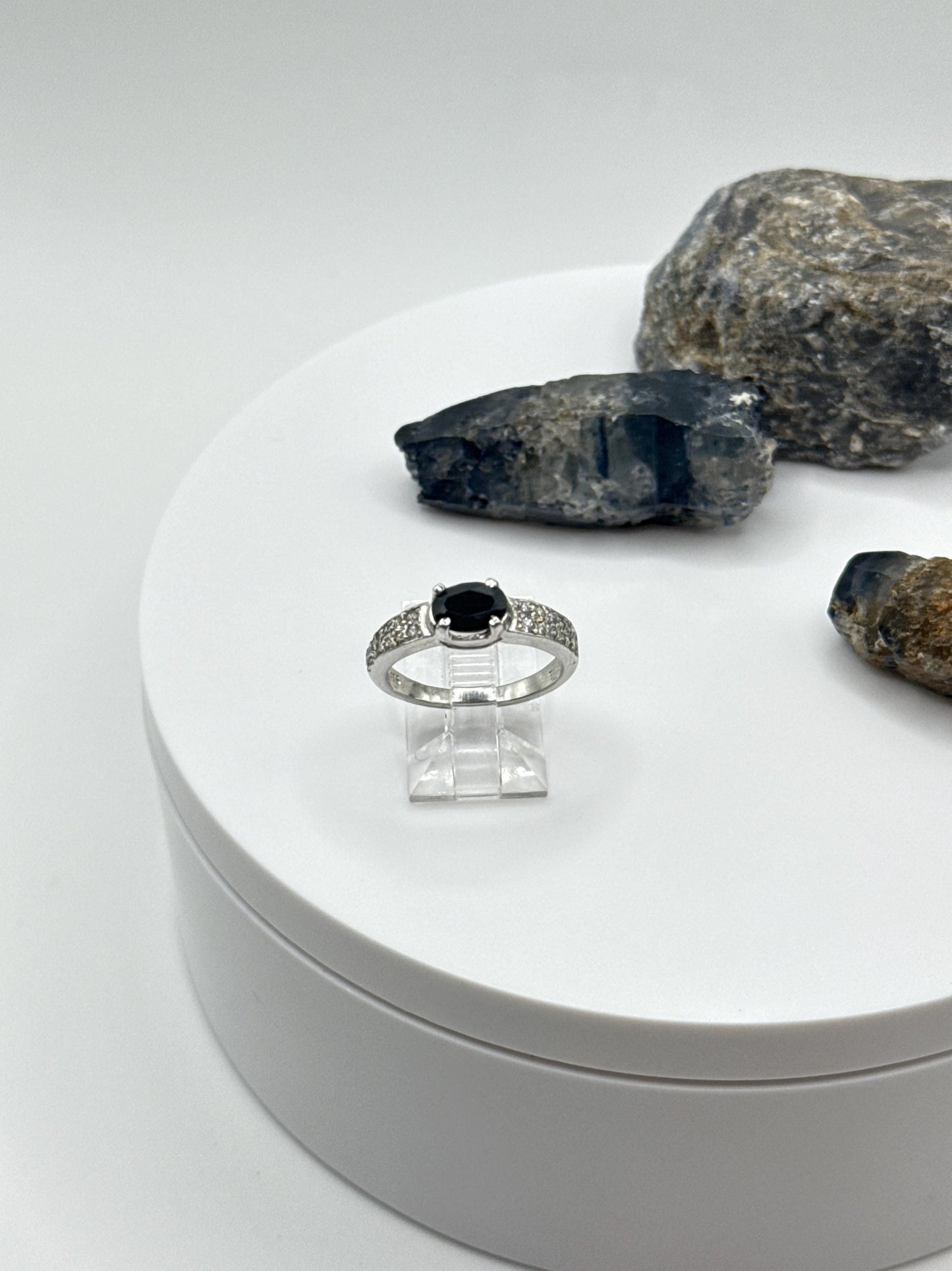 Black Sapphire Cabochon Ring | Sterling Silver Accent Stone Band, Size 6