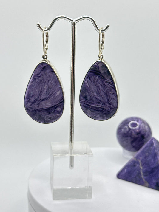 Charoite & Sterling Silver Teardrop Earrings - 24.03 Grams