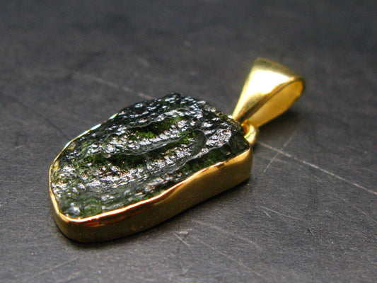 Moldavite Tektite Gold Plated Silver Pendant from Czech Republic - 1.1" - 2.0 Grams